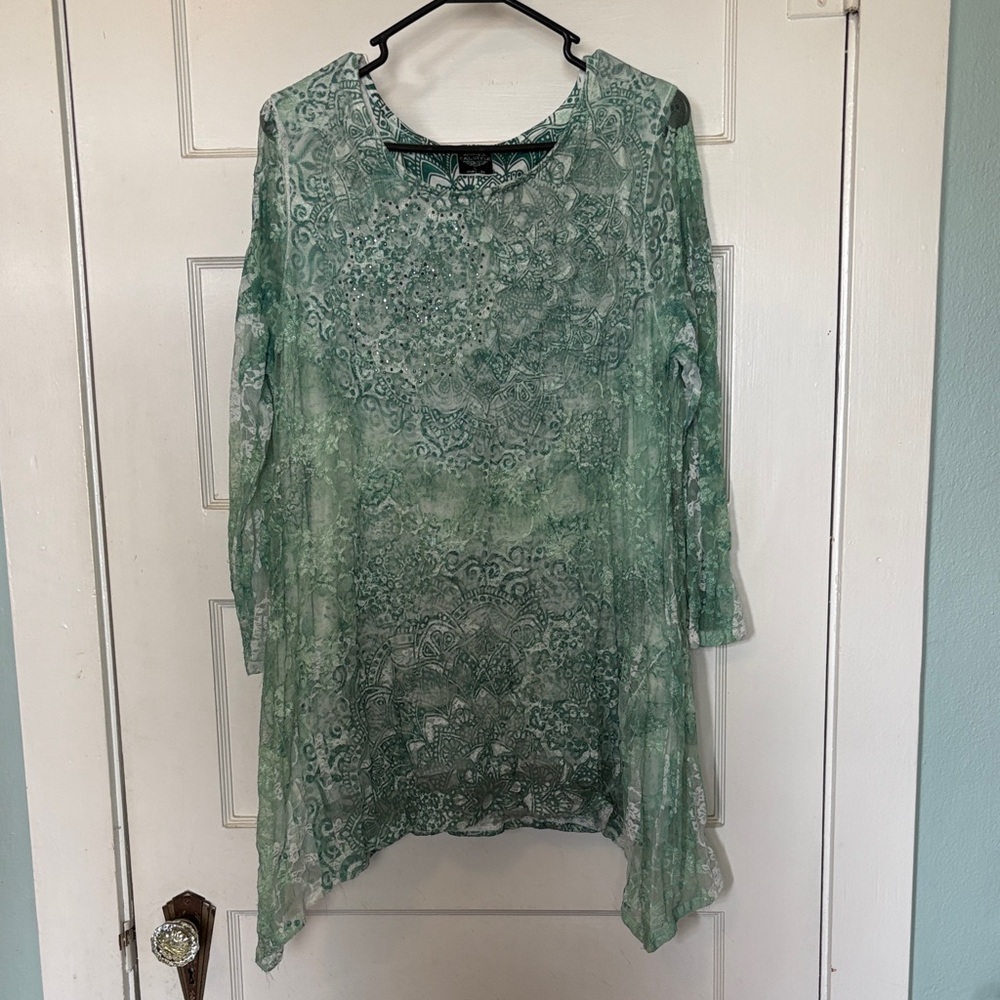 Calstyle Green Floral Lace Tunic Top Size L